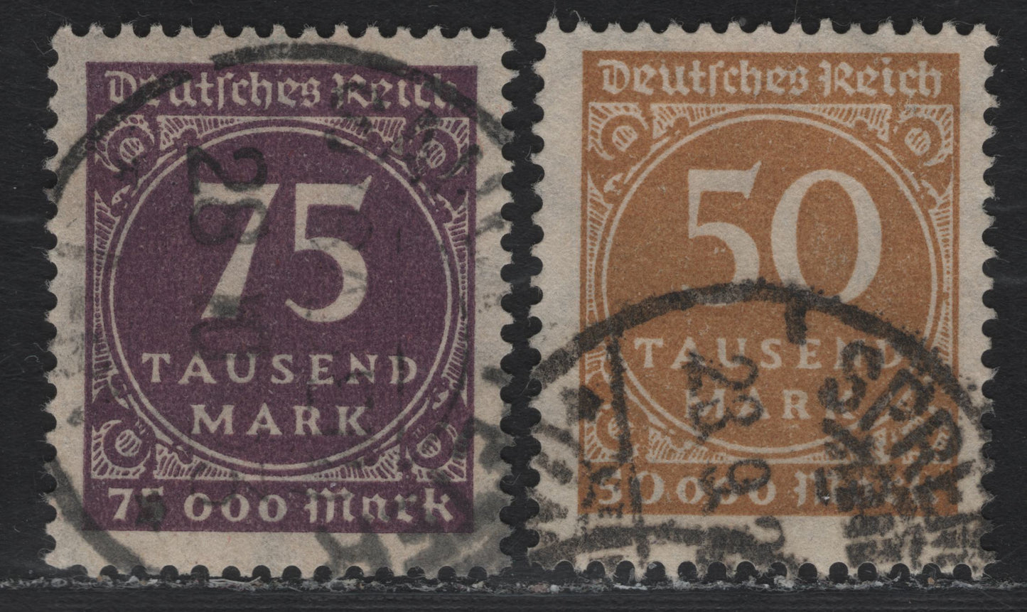 Lot 169A Germany SC#239-240 (275a, 276) 50th Deep Ochre - 75th Deep Ochre - Deep Brown Violet , 1923 Numeral Issue, 2 Very Fine Used Singles, Postally Used, Sept 23 1923 & October 28 1923 Cancels
