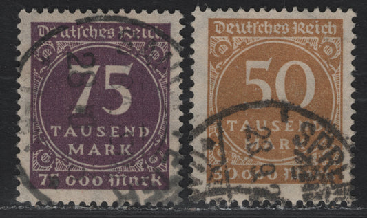 Lot 169A Germany SC#239-240 (275a, 276) 50th Deep Ochre - 75th Deep Ochre - Deep Brown Violet , 1923 Numeral Issue, 2 Very Fine Used Singles, Postally Used, Sept 23 1923 & October 28 1923 Cancels
