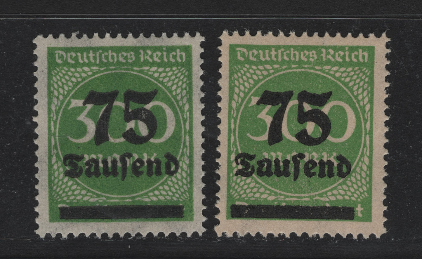 Lot 174 Germany SC#250 (286var) 75th on 300m - 75th on 400m Yellow Green , 1923 Surcharged Issue, 2 FNH Singles, Medium Opaque Yellowish Paper With Barely Visible Wmk, & Normal (Thin Wove) Paper With Clear Wmk