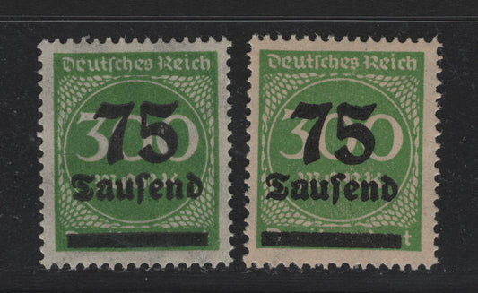 Lot 174 Germany SC#250 (286var) 75th on 300m - 75th on 400m Yellow Green , 1923 Surcharged Issue, 2 FNH Singles, Medium Opaque Yellowish Paper With Barely Visible Wmk, & Normal (Thin Wove) Paper With Clear Wmk