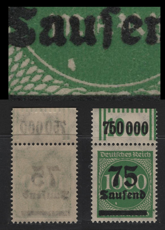 Lot 176 Germany SC#252 (288IIWOR) 75th on 1000m Deep Yellow Gren , 1923 Surcharged Issue, A VFNH Top Sheet Margin Singles, Value Counter, Showing White Fleck Under 'Au' of Tausend, 4mm Between Words & Surcharge Bar.