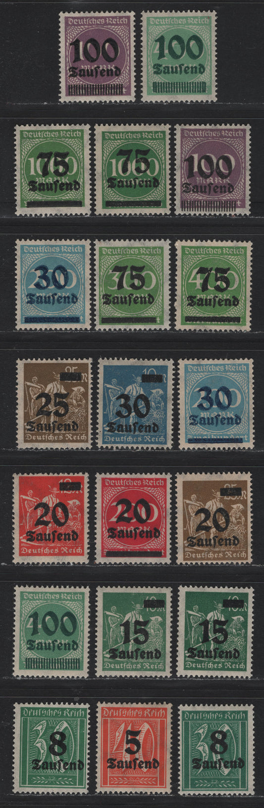 Lot 177 Germany SC#241-253 (277/290) 5th on 40pf - 100th on 400m Pale Green , 1923 Surcharged Issue, 20 F/VFNH Singles, 3.0mm & 4mm Settings Of the 75th on 1000m, Shade Variations of Several Values