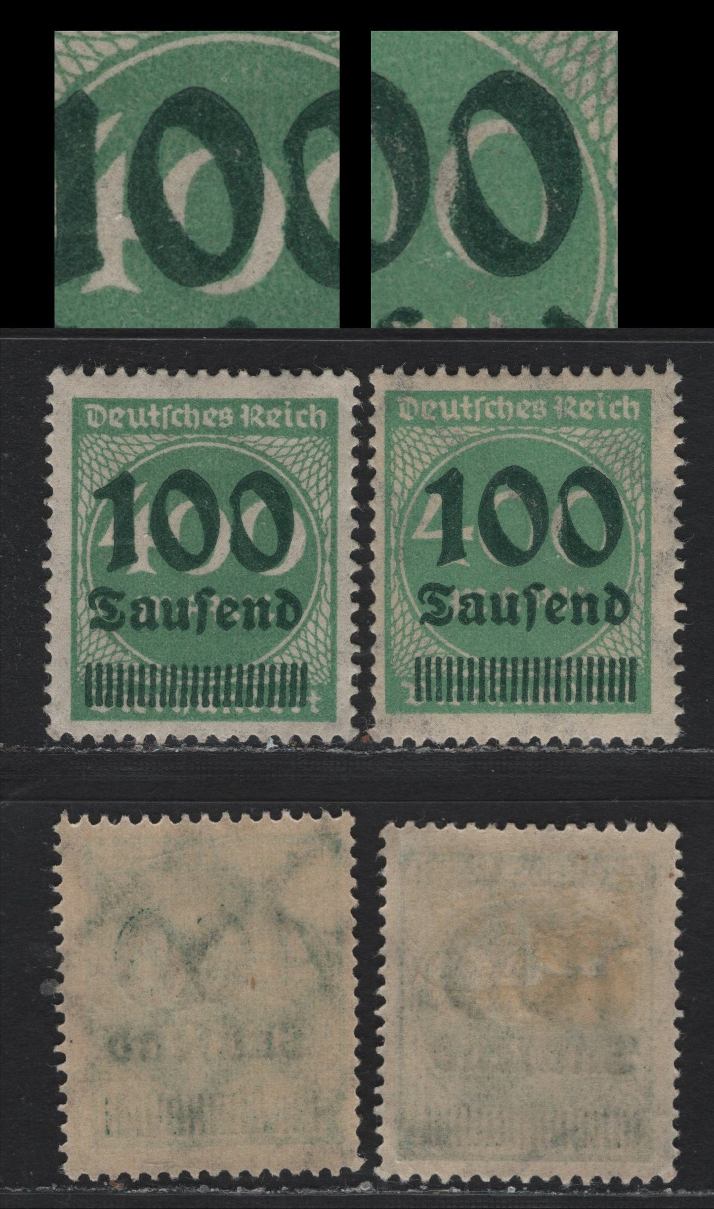 Lot 181 Germany SC#254var (290var) 100th on 400m Milky Green & Pale Milky Green , 1923 Surcharged Issue, 2 FNH/VFOG Singles, Deeply Dented 'O', This Is A More Dramatic Example Of the Variety Featured In Other Lots
