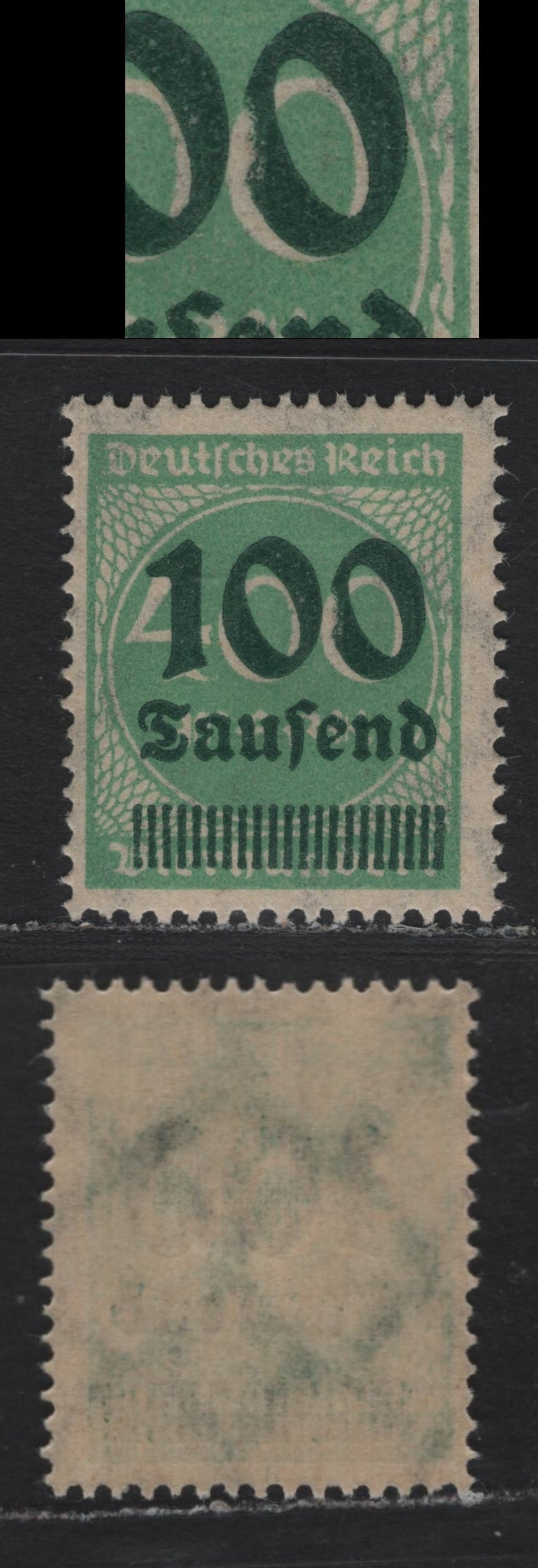Lot 182 Germany SC#254var (290var) 100th on 400m Milky Green , 1923 Surcharged Issue, A FNH Single, Dented O Variety, Semi Constant, Occuring On Several Positions.
