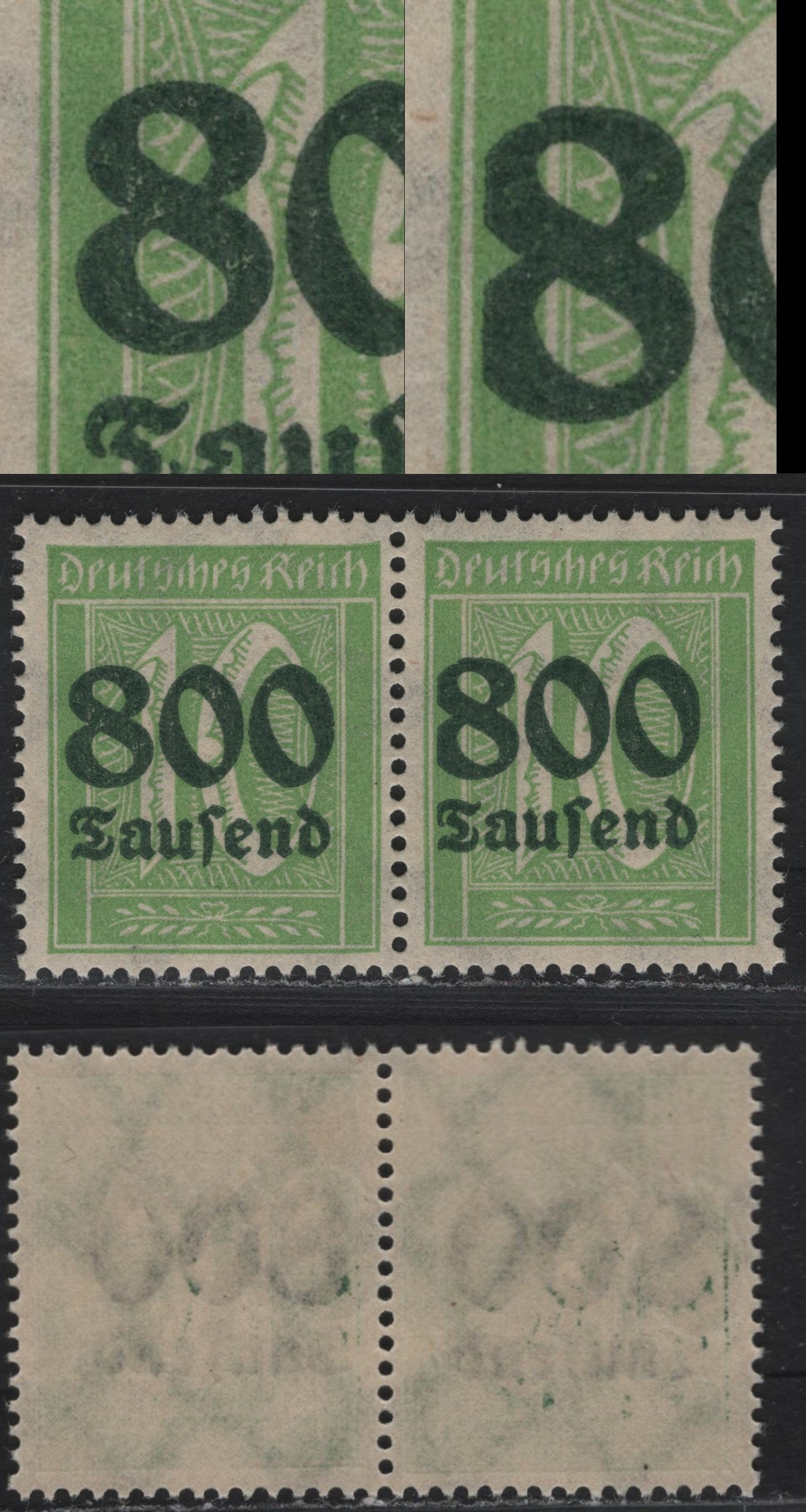 Lot 187 Germany SC#262 (302Avar) 800th on 10pf Light Green , 1923 Surcharged Issue, A VFNH Pair, Showing 8 of 800 With Flattened Left Side On The Right Stamp