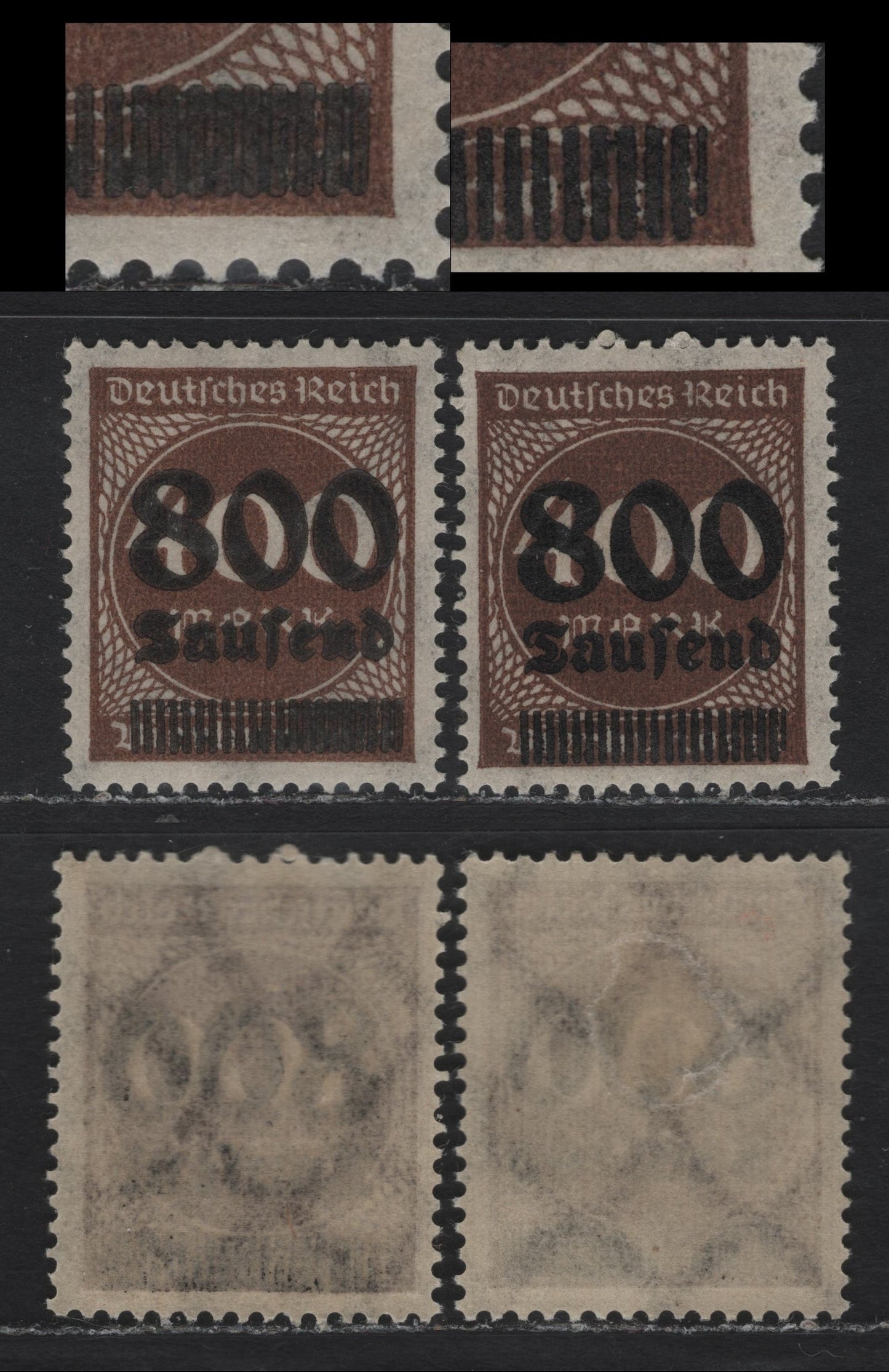 Lot 193 Germany SC#265var (305Avar) 800th on 400m Brown , 1923 Surcharged Issue, 2 VFOG/NH Singles, Two Examples With Unlisted Surcharge Bar Varieties