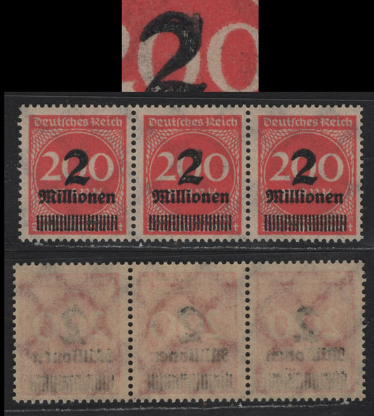 Lot 195 Germany SC#269 (309BPavar) 2mil on 200m Deep Rose , 1923 Surcharged Issue, A VFNH Strip Of 3, 2mm Setting Showing Bump On Back of '2' Of The Middle Stamp