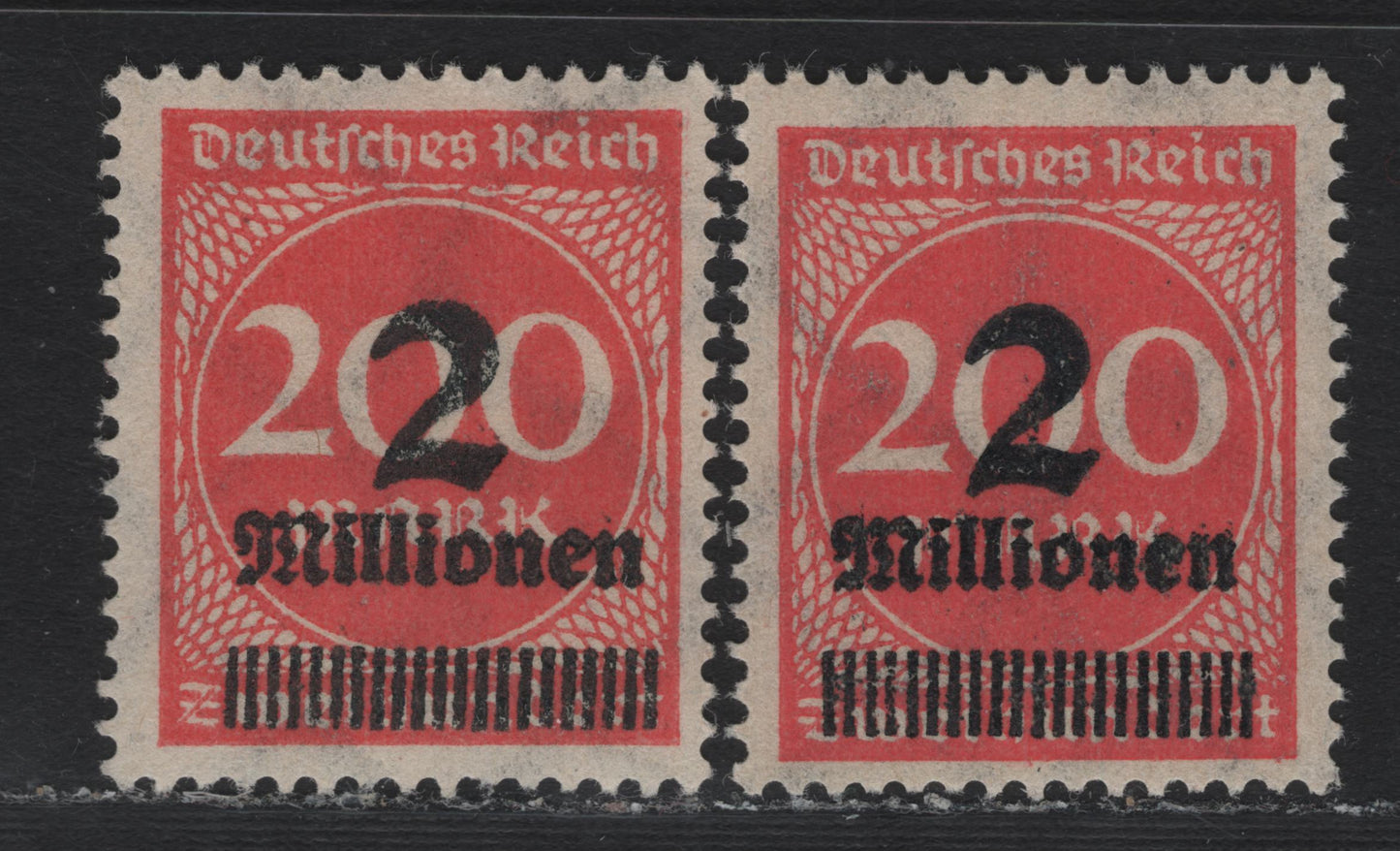 Lot 196 Germany SC#269 (309wa-b) 2 mil on 200m Blackish Gray Red & Dark Cinnabar , 1923 Surcharged Issue, 2 VFNH Singles