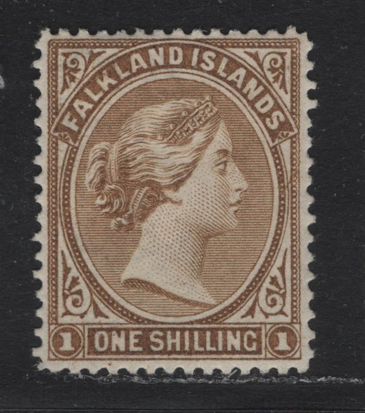 Lot 20 Falkland Islands SG#38 1/- Yellow Brown , 1891-1902 Queen Victoria Sideface Issue, A VFOG Single