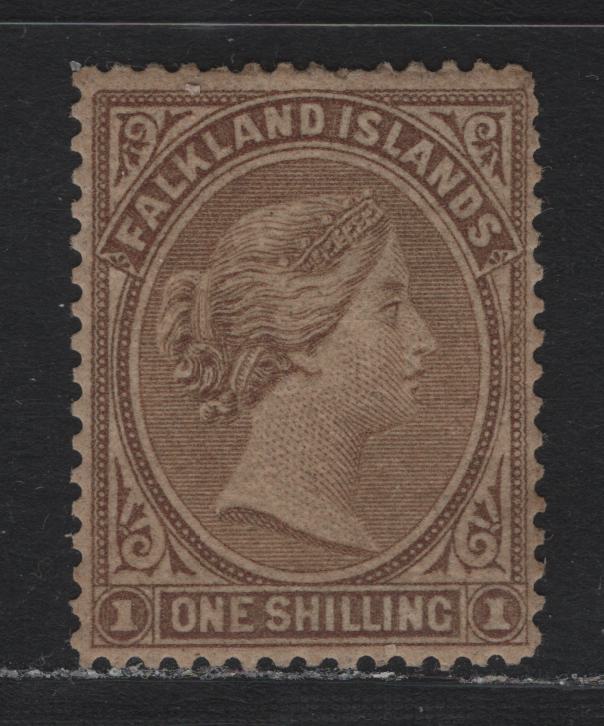 Lot 2 Falkland Islands SG#4 1/- Bistre Brown , 1878-1879 Queen Victoria Sideface Issue, A VGOG Single, Bradbury Wilkinson Printing, Unwatermarked, Perf 14 & 14.5, Some Gum Toning.