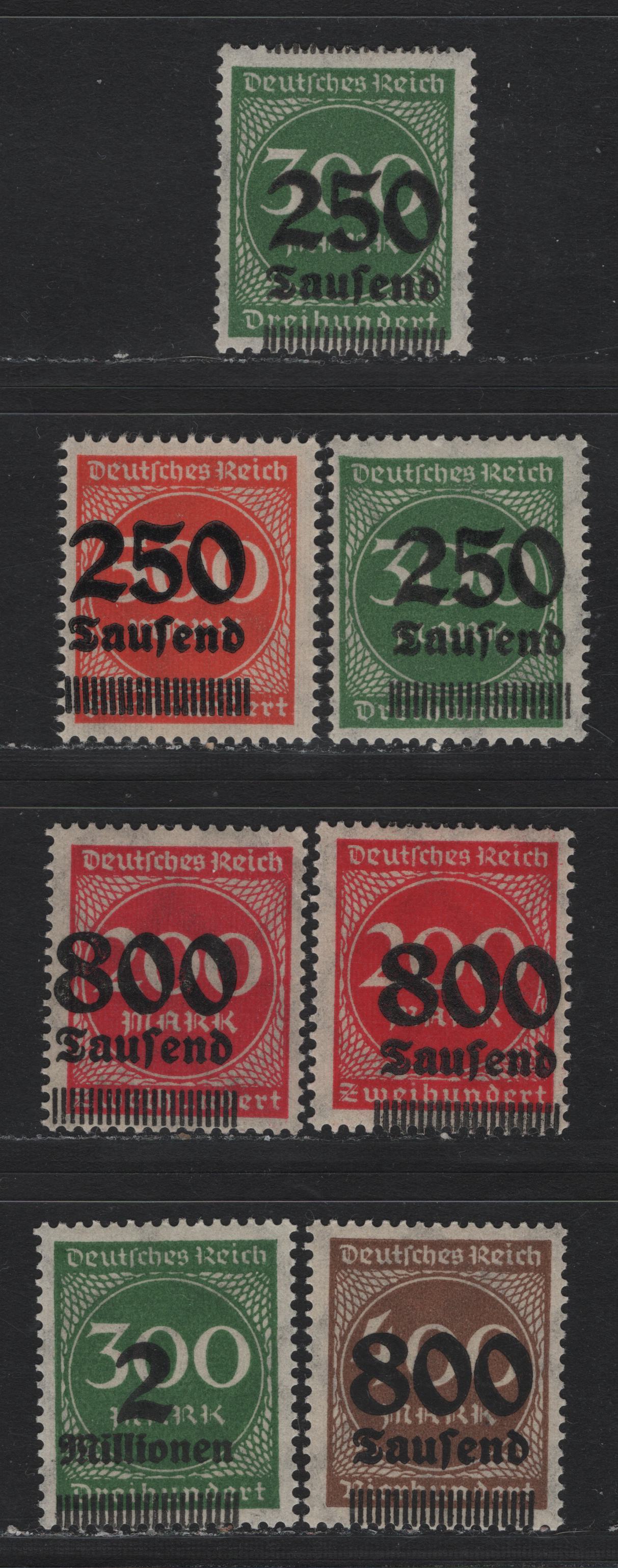 Lot 201 Germany SC#257var, 260var, 263var, 265var, 270var 250th on 300m - 2mil on 300m Green - Deep Green , 1923 Surcharged Issue, 7 F/VFOG/NH Singles, Significant Downward & Right or Left Shifts of the Surcharge, All NH Except Two 250th's on 300m's