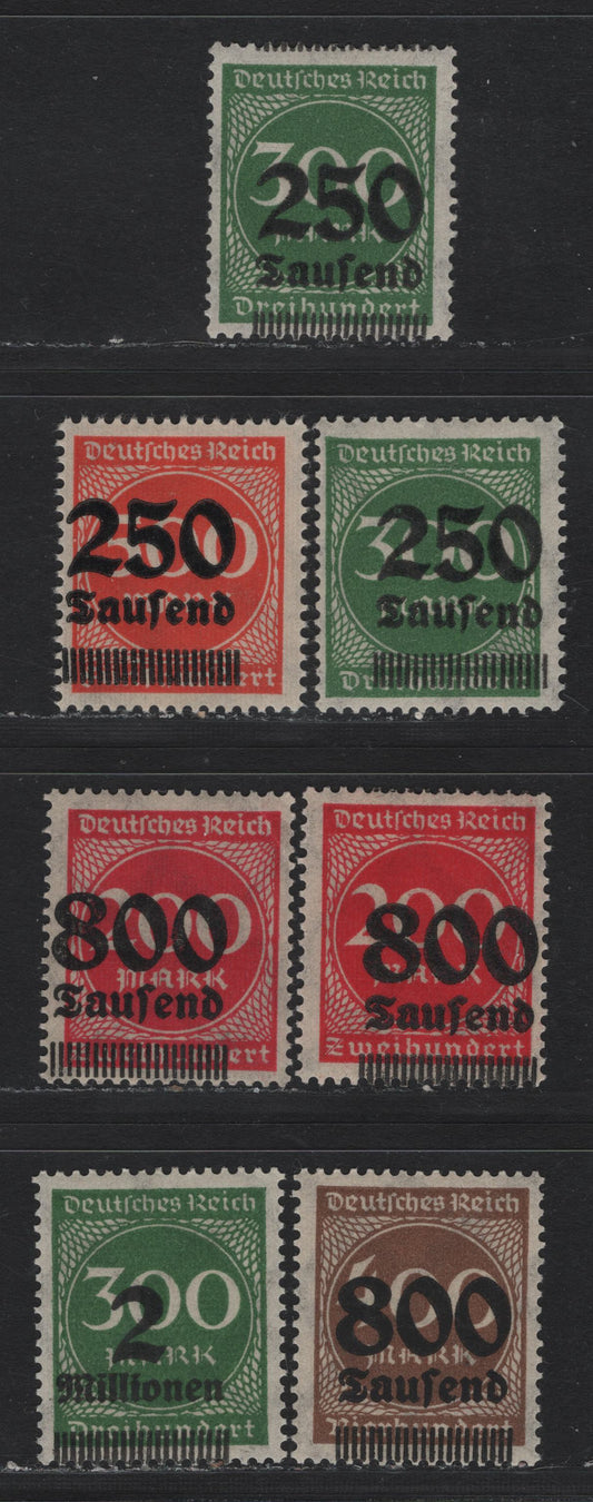Lot 201 Germany SC#257var, 260var, 263var, 265var, 270var 250th on 300m - 2mil on 300m Green - Deep Green , 1923 Surcharged Issue, 7 F/VFOG/NH Singles, Significant Downward & Right or Left Shifts of the Surcharge, All NH Except Two 250th's on 300m's