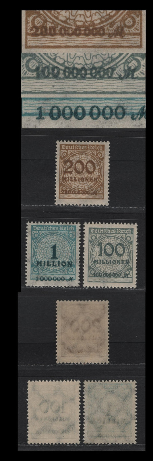 Lot 209 Germany SC#280, 281, 286 (313A, 314APOR, 318A, 318APOR) 1mil - 500th Greenish Blue - Brown , 1923 Numeral & Rosette Issue, 4 VFNH Top & Sheet Margin Singles, Value Counters & Inscriptions