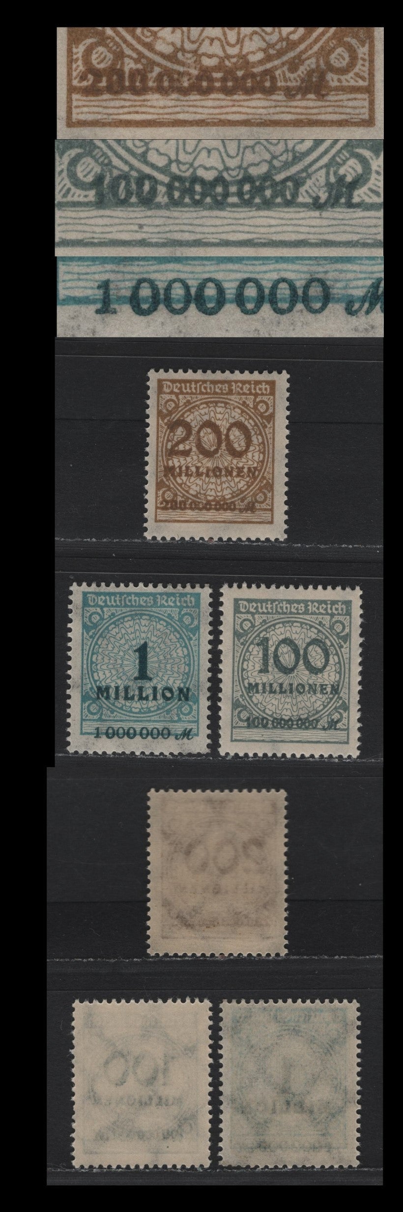 Lot 208 Germany SC#281var, 290var, 291var (314APvar, 322APvar, 323APa) 1mil - 200m Greenish Blue - Lively Ochre Brown , 1923 Numeral & Rosette Issue, 3 F/VFNH Singles, Flat Plate Printings, Showing Shifts Of Denominations Upward & Downward