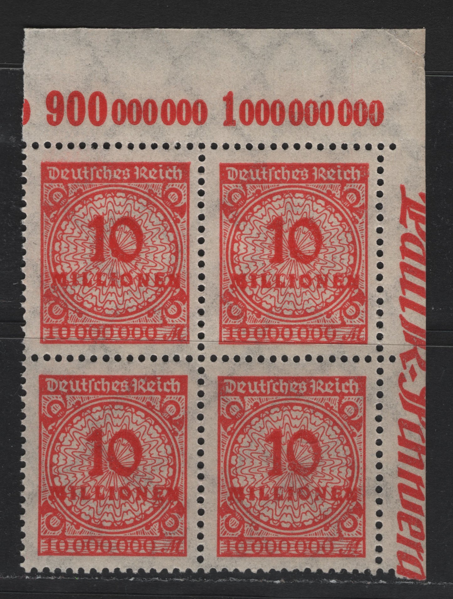 Lot 210 Germany SC#286 (318APOR) 10mil Orange , 1923 Numeral & Rosette Issue, A VFNH UR Corner Inscription Block Of 4, Value Counters Along The Top