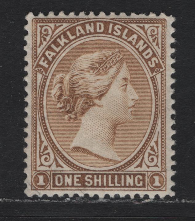 Lot 21 Falkland Islands SG#38 1/- Yellow Brown , 1891-1902 Queen Victoria Sideface Issue, A VFOG Single