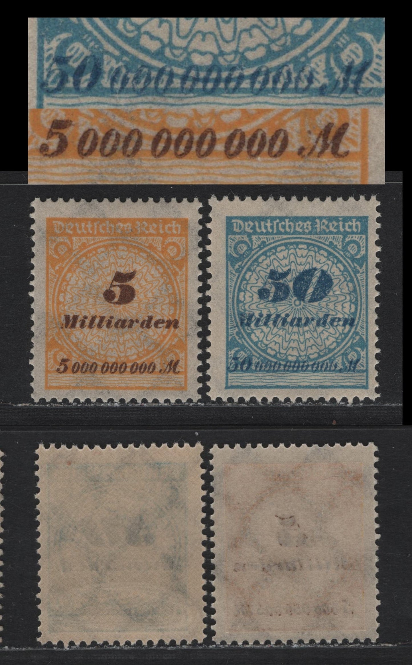 Lot 212 Germany SC#296, 299 (327APvar, 330APvar) 5mlrd - 50mlrd Yellow & Brown - Blue & Deep Blue , 1923 Numeral & Rosette Issue, 2 F/VFNH Singles, Flat Plate Printings, Showing Dramatic Upward Shifts Of Value Tablets
