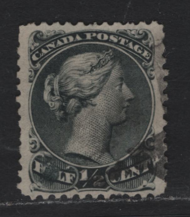 Lot 22 Canada #21vi 1/2c Black , 1868-1876 Large Queen Issue, A Fine Used Single, Paper FO-N (Bothwell), Dominion Bazaar Toronto Stamp CA Dealer Backstamp, A Couple Short & Trimmed Perfs But Otherwise Well Centered.