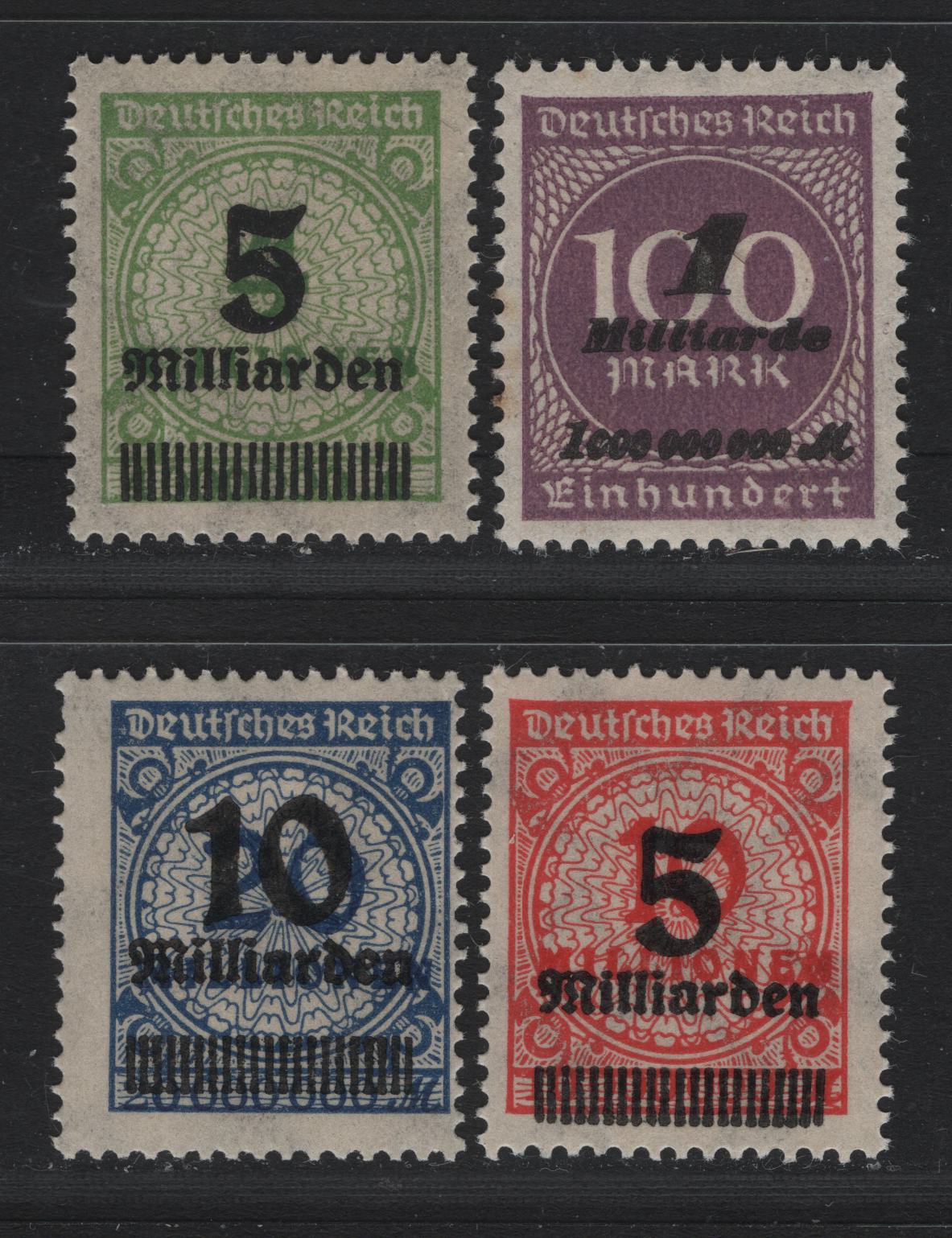 Lot 220A Germany SC#310, 312-314 (331b, 333AW, 334AP, 335APa) 1mlrd on 100m - 10mlrd on 20mill Violet - Dark Blue , 1923 Final Surcharges Prior To Currency Revaluation Issue, 4 F/VFNH Singles