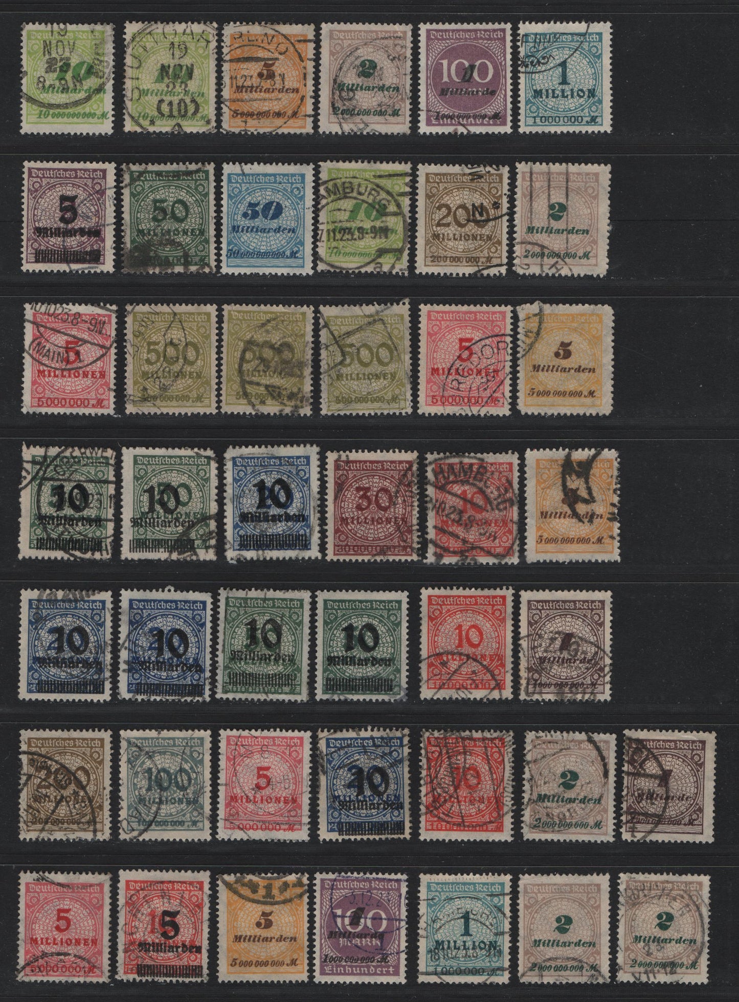 Lot 224 Germany SC#280/321 (314AP/336BP) 500th - 10mld on 50m Brown - Deep Olive Green , 1923 Final Surcharged Issue, 44 Fine/Very Fine Used Singles, Posthumous, CTO Or Forged Cancels, Ideal For Building A Reference Collection