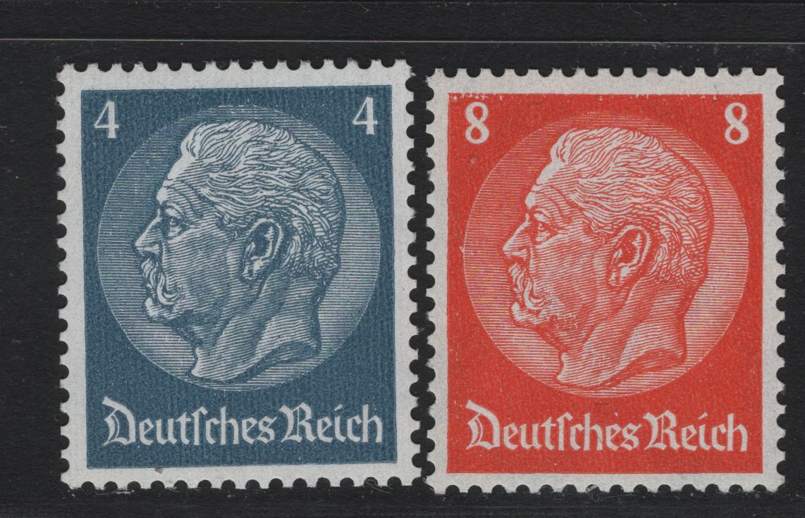 Lot 226 Germany (C) SC#402, 404 (483, 485) 4pf - 8pf Dull Blue - Deep Orange , 1933 Hindenburg Issue, 2 VFNH Singles, Network Wmk