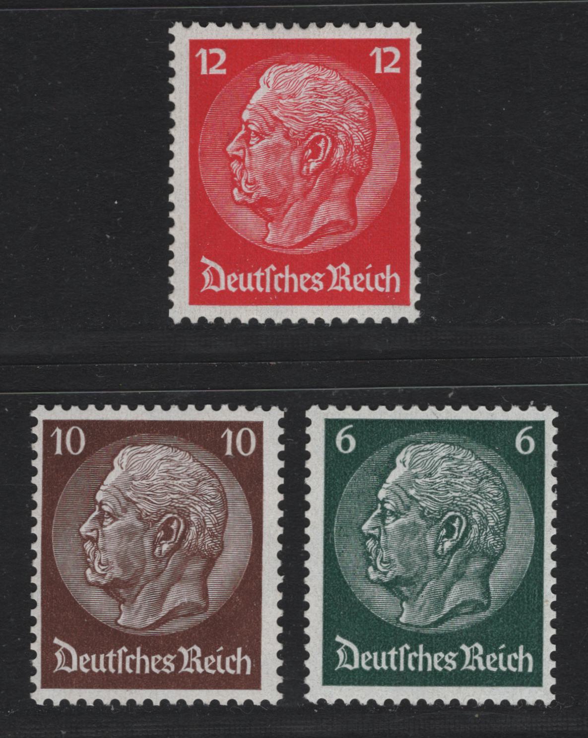 Lot 227 Germany (C) SC#403, 405-406 (484, 486-487) 6pf - 12pf Dark Green - Deep Carmine , 1933 Hindenburg Issue, 2 FNH Singles, Network Wmk