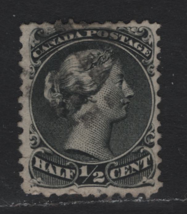 Lot 23 Canada #21a 1/2c Black , 1868-1876 Large Queen Issue, A Fine Used Single, Mid Montreal Printing, MM-D Paper, Perf 11.6x12.