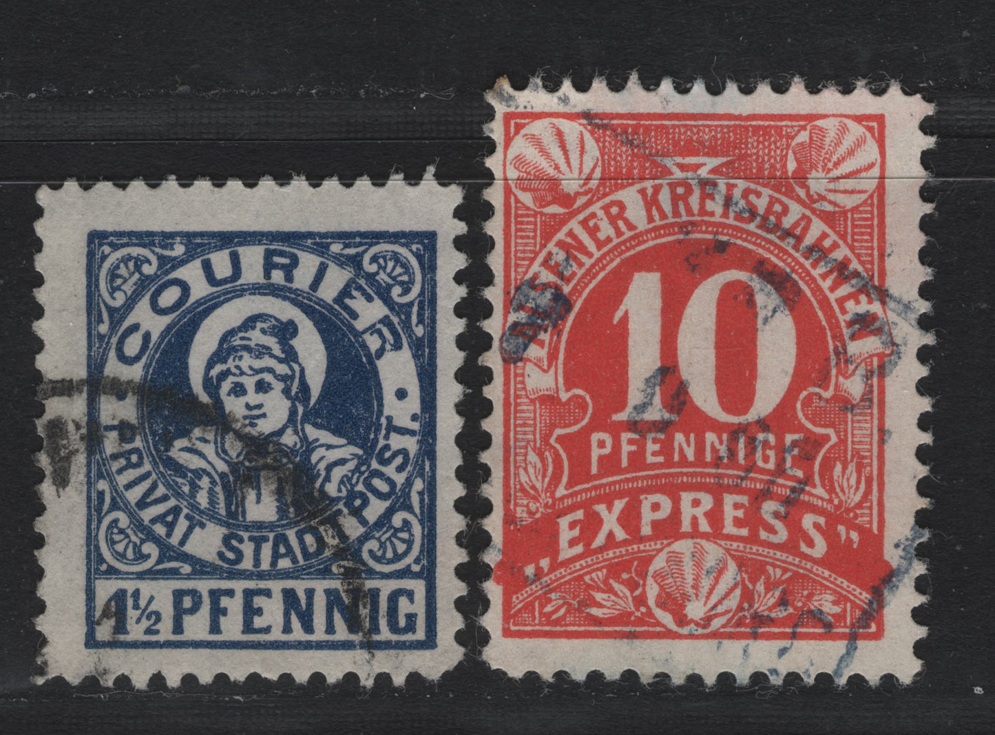 Lot 241 Germany - Munich - Alsner Kreisbahen (C) SC# 10pf - 4.5pf  , 1890-1896 Railway Express & Courier Local Post Issues , 2 Fine Used Singles, The 10pf Was Issued By The Railway To Pay Transportation Costs Aboard the Train