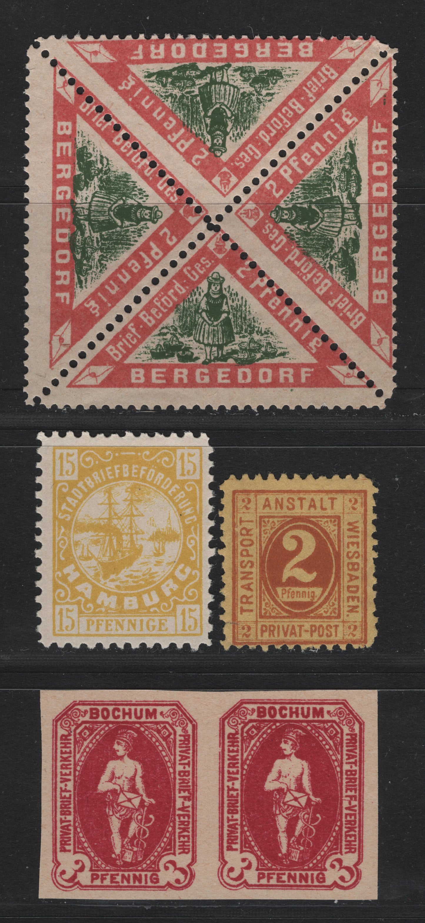 Lot 245 Germany - Weisbalen, Bergedorf, Bochum & Hamburg (C) SC#   , 1886-1896 , 4 Fine/Very Fine Unused Single, Pair & Block Of 4, The Block of 4 Triangulars Is Likely A Reprint, All Without Gum