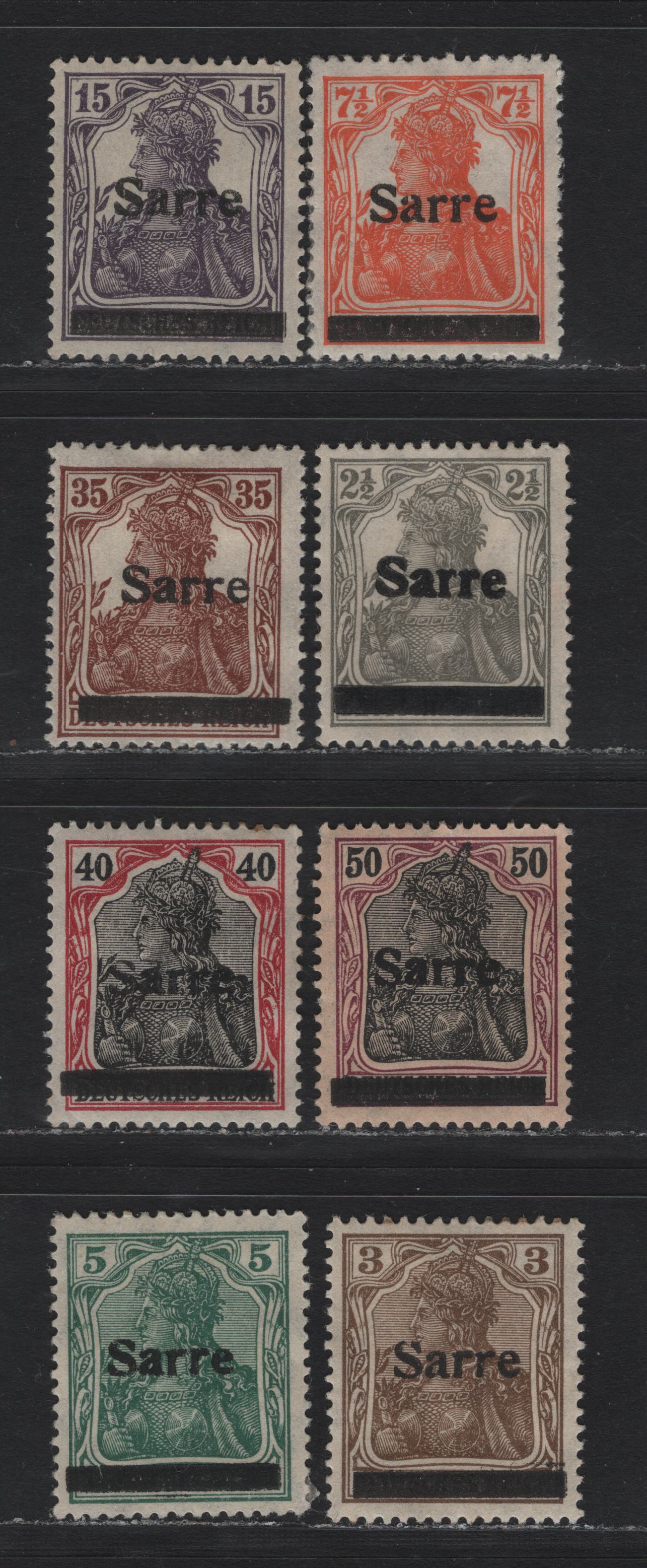 Lot 250 Saar (C) SC#2-4a, 5d, 7, 11-12, 13d 2.5pf - 50pf Gray - Purple & Black , 1920 Overprinted Germania Issue, 8 F/VFOG Singles, All Type I Overprints Without Control Mark Under Bar, Except 5pf Which Is Type II, 7.5pf Is The Red Orange Shade.