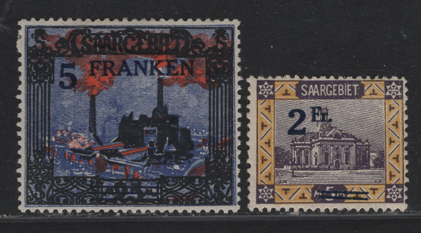 Lot 253 Saar (C) SC#96, 98 (81AI, 83) 2fr on 5m - 5fr on 25m Yellow & Violet - Ultramarine, Red & Black , 1921 Surcharged (Currency Reduction) Issue, 2 FOG Singles, 5fr Has A Small Hinge Thin