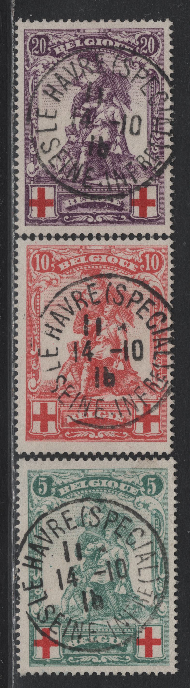 Lot 259 Belgium (C) SC#B28-B30 5c - 20c Green & Red - Violet & Red , 1914 Semi Postal Issue, 3 Fine/Very Fine Used Singles, Genuine Examples Showing The Tail On Q Of elgique, SON October 14 1914 CDS Cancel