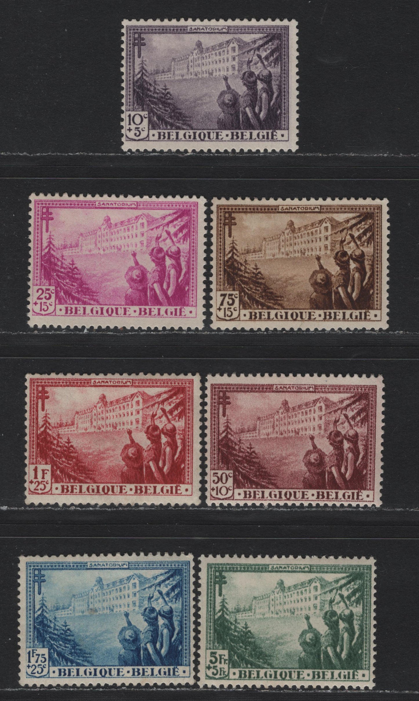 Lot 262 Belgium (C) SC#B125-B131 10c+5c - 5fr+5fr Dark Violet - Gray Green , 1932 National Anti-Tuberculosis Society At Waterloo Issue, 7 FOG & Unused Singles, Top 3 Values & 50c+10c Have Gum, Other 3 Values Have No Gum