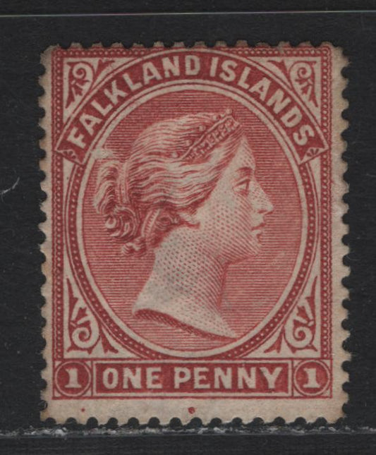 Lot 3 Falkland Islands SG#5 1d Dull Claret , 1882 Queen Victoria Sideface Issue, A Fair OG Single, Bradbury Wilkinson Printing, Crown Ca Wmk, Perf 14, 14.5, Showing Constant Dots Under Left 1 & PE of 'Penny'.
