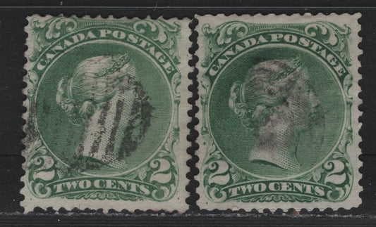 Lot 34 Canada #24 2c Pale Green & Green , 1868-1876 Large Queen Issue, 2 Very Good Used Singles, FO-D Paper (Variant Of Duckworth 9b), Perf 12x12.1 & 12
