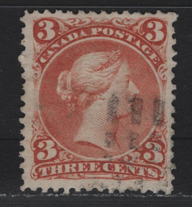 Lot 35 Canada #25 3c Indian Red , 1868-1876 Large Queen Issue, A Fine Used Single, FO-FH Paper, Perf 11.9x12