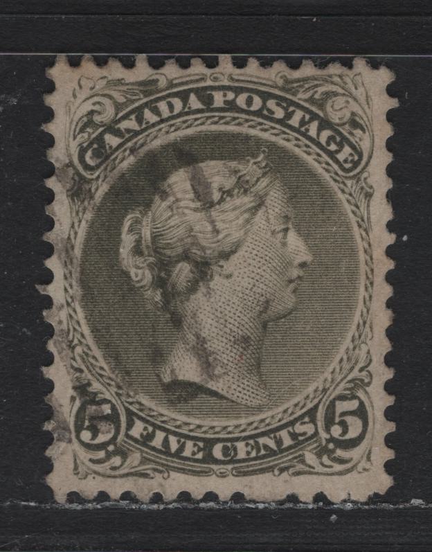 Lot 37 Canada #26iv 5c Olive Green , 1868-1876 Large Queen Issue, A Very Fine Used Single, MM-Y Paper, Perf 11.9x12.15