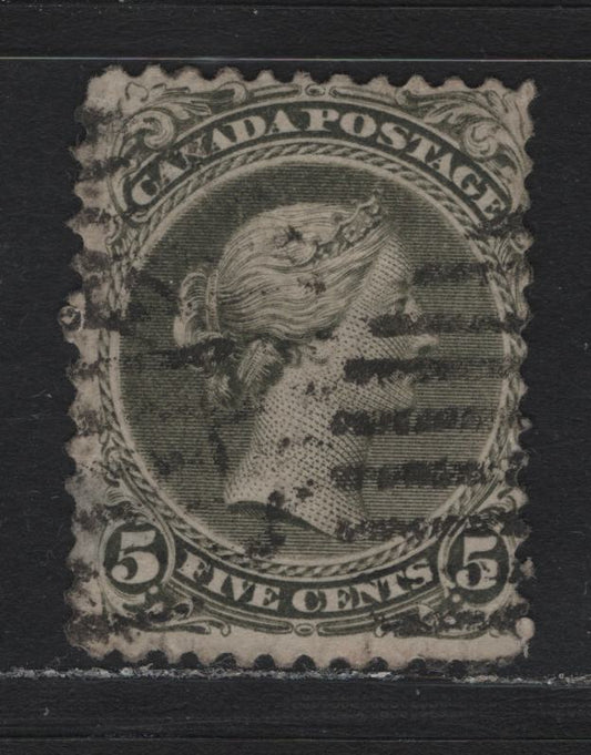 Lot 38 Canada #26iv 5c Olive Green , 1868-1876 Large Queen Issue, A Good Used Single, Mid Montreal Printing, MM-Y Paper, Perf 11.75x12, Small Thin Just Above Left 5, Montreal Duplex Cancel.
