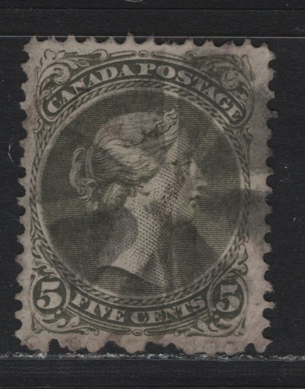 Lot 39 Canada #26iv 5c Olive Green , 1868-1876 Large Queen Issue, A Fine Used Single, MM-Y Paper, Perf 11.75x12, Segmened Circle Of Wedges Cork Cancel.