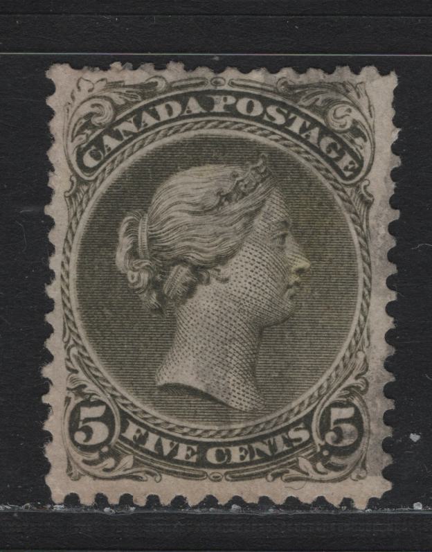 Lot 40 Canada #26 5c Olive Green , 1868-1876 Large Queen Issue, A Fine Used Single, MM-Y Paper, Perf 11.6x12.1