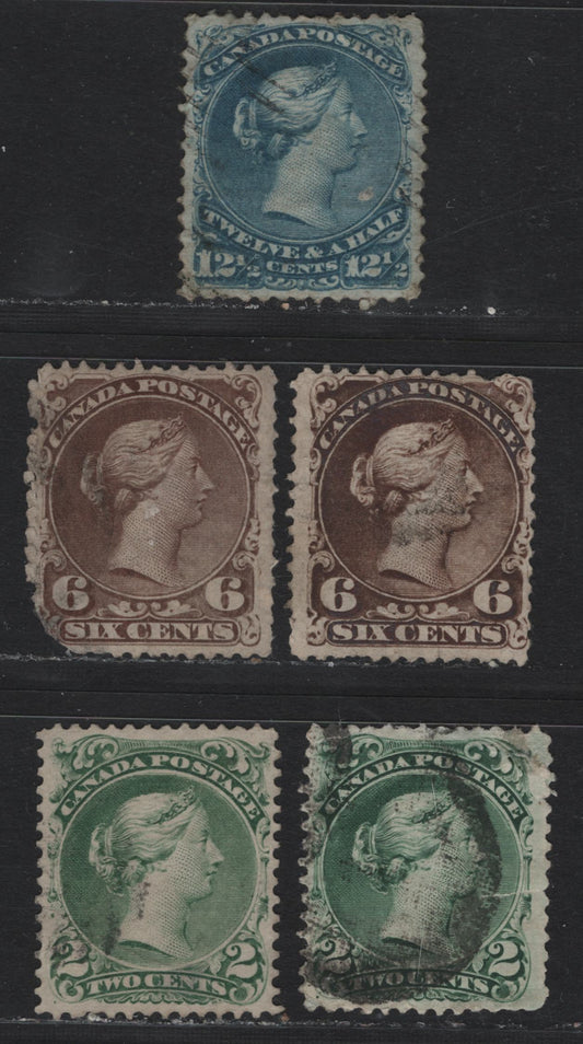 Lot 41 Canada #24i,ii, 27f,v, 28 2c - 6c Blue Green - Blue , 1868-1876 Large Queen Issue, 5 Ungraded Used Singles, Various Papers, Unidentified, All With Small To Sever Faults, Such As Creases & Tears.