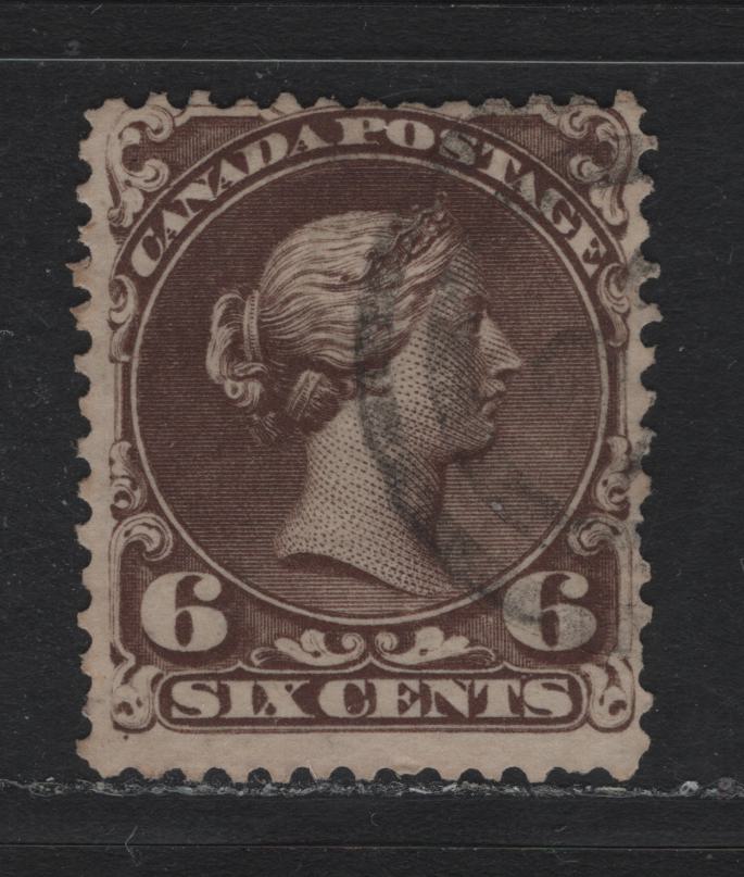 Lot 42 Canada #27 6c Dark Brown , 1868-1876 Large Queen Issue, A Very Good Used Single, Plate 1, FO-M Paper (Duckworth 4)