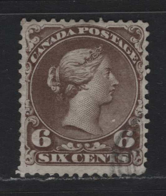Lot 43 Canada #27c 6c Dark Brown , 1868-1876 Large Queen Issue, A Very Good Used Single, FO-S Paper (Duckworth 2), Tiny Tear In Margin Below 'N' of Cents
