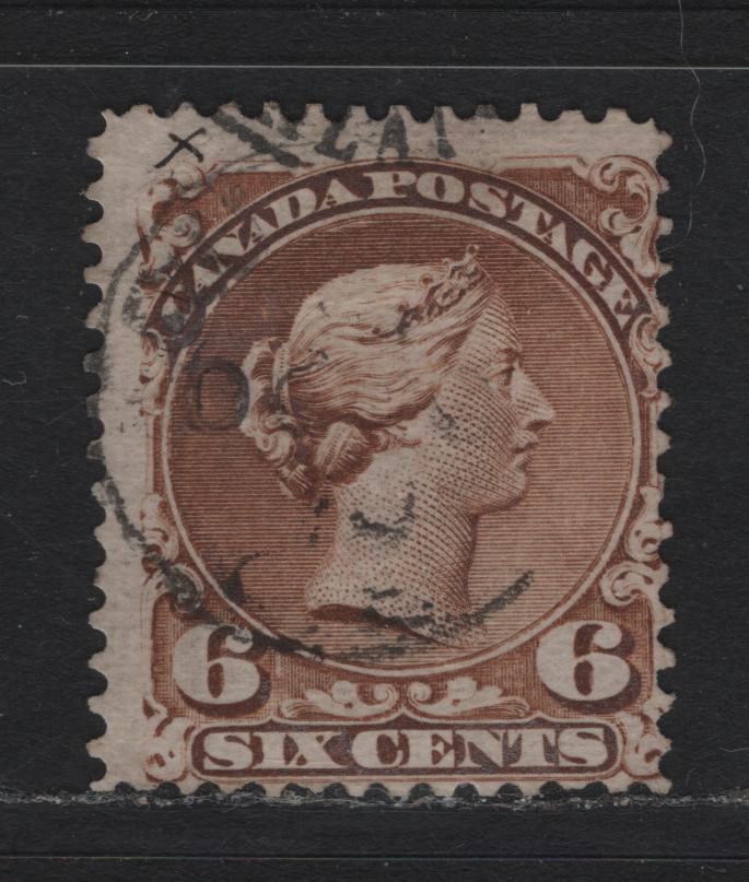 Lot 44 Canada #27a 6c Yellow Brown , 1868-1876 Large Queen Issue, A Good Used Single, FO-D Paper, Perf 12x11.9, Small Corner Crease At UL.