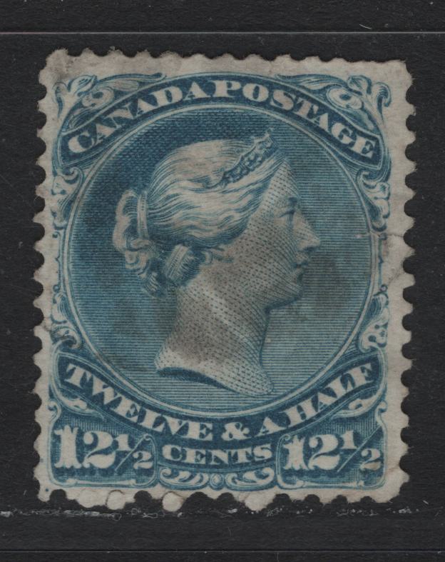 Lot 47 Canada #28b 12.5c Blue , 1868-1876 Large Queen Issue, A Good Used Single, FO-U Paper (Duckworth 2), Perf 11.9x12, Small Corner Crease At LR & Two Small Tears.