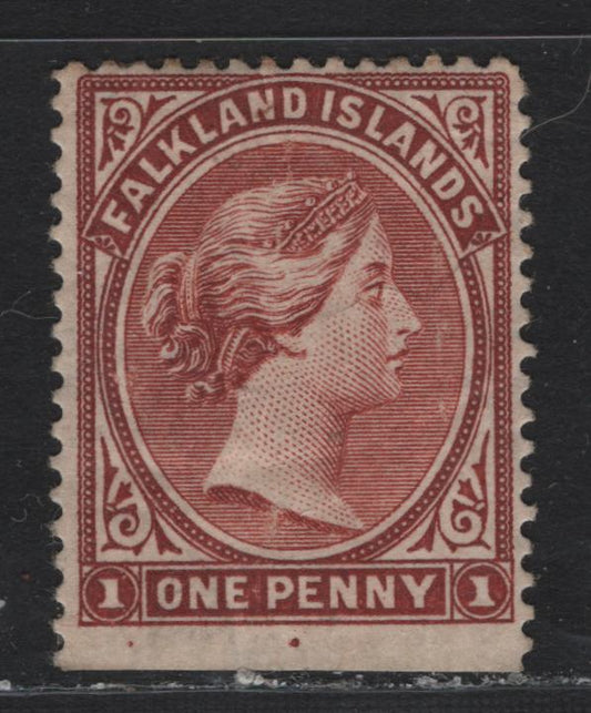 Lot 5 Falkland Islands SG#11 1d Red-Brown , 1882 Queen Victoria Sideface Issue, A FOG Bottom Sheet Margin Single, Showing Constant Dots Under Left 1 & 'PE' of Penny, Straight Edge Identifies This As A Pre Sept 1891 Printings