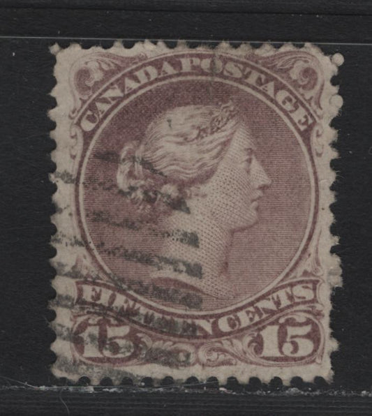 Lot 51 Canada #29v 15c Grayish Purple , 1868-1876 Large Queen Issue, A Fair Used Single, FO-Y Paper (Bothwell Paper), Perf 12, Large Tear At Top Through 'O' Of Postage.