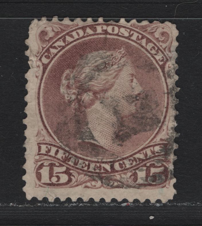 Lot 51A Canada #29b 15c Red Lilac , 1868-1876 Large Queen Issue, A Fair Used Single, FO-M Paper, Perf 12, Star Cancel In 2 Rings, Several Tiny Tears In The left Margin & Small Thin At UR.