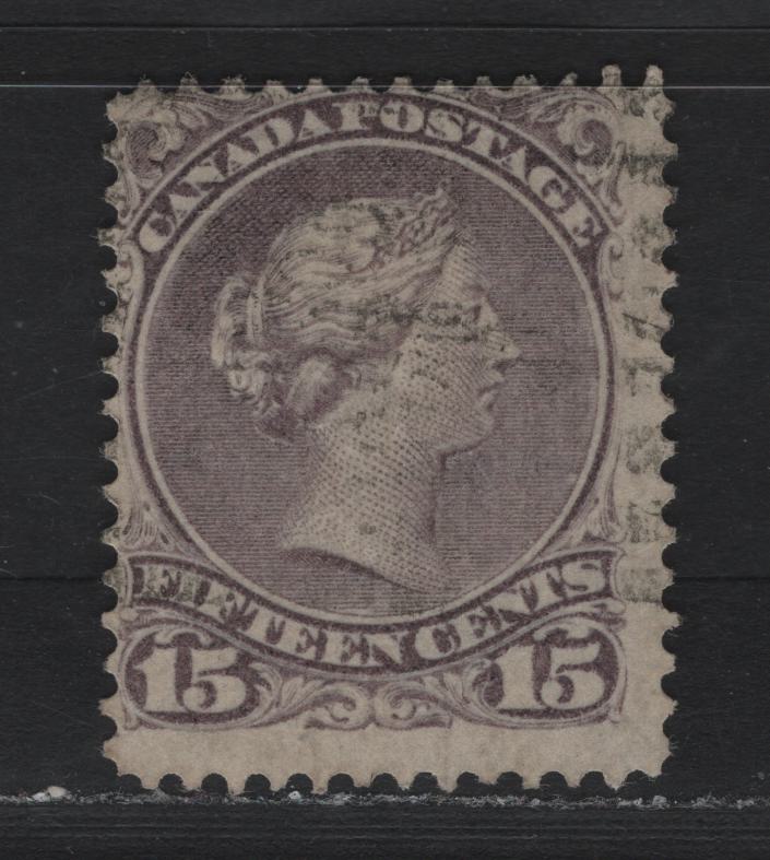 Lot 54 Canada #29 15c Gray Violet , 1868-1876 Large Queen Issue, A Very Good Used Single, 2nd Ottawa Printing, SO-JJ Paper, Perf 12.1.