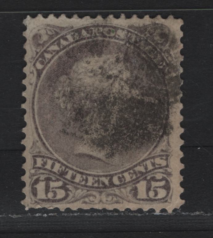 Lot 55A Canada #29 15c Gray Violet , 1868-1876 Large Queen Issue, A Very Good Used Single, 2nd Ottawa Printing, SO-JJ Paper, Perf 12.1.
